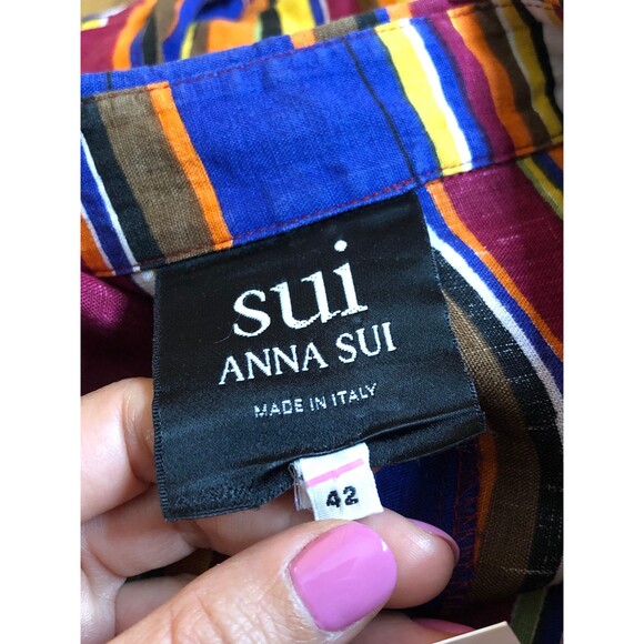 1990s SUI by ANNA SUI Colorful Striped Button Up Linen Blouse W/Pockets. S-M - Picture 8 of 10